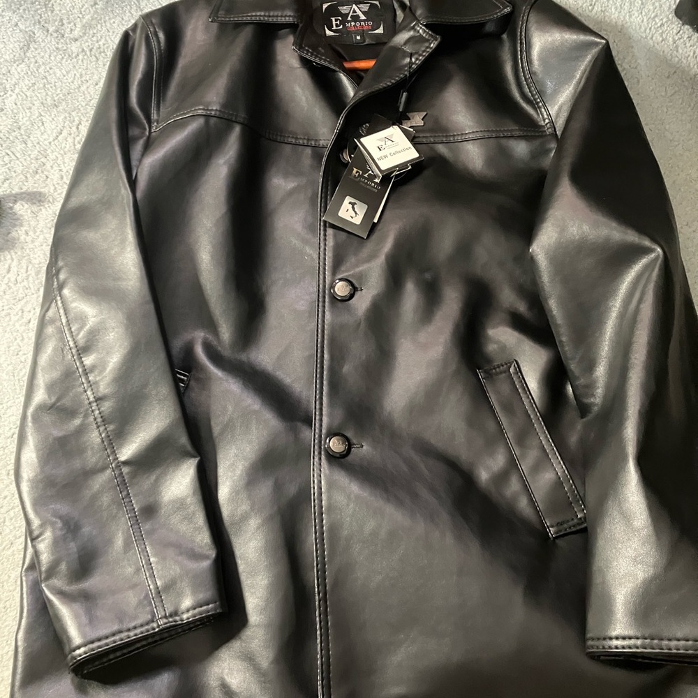 Emporio Armani Collezione Black Faux Leather Jacket Men MediumButton Long Sleeve